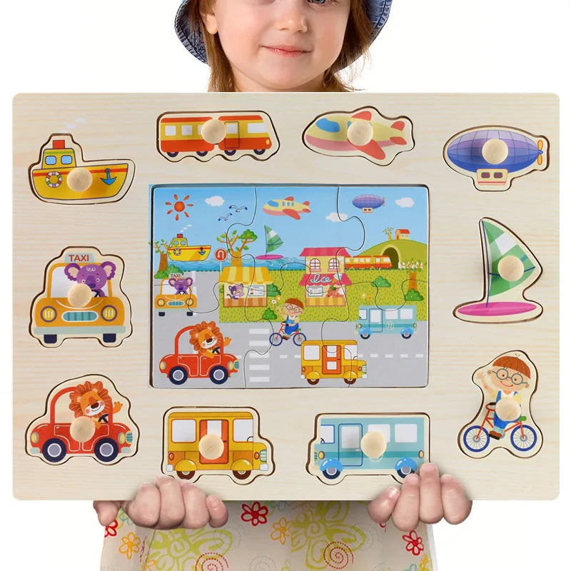 Wooden Montessori puzzle with transportation shapes and a central town scene, held by a child.