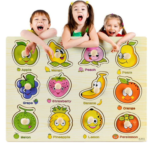 Wooden Montessori fruit puzzle with colorful pieces and smiling children.
