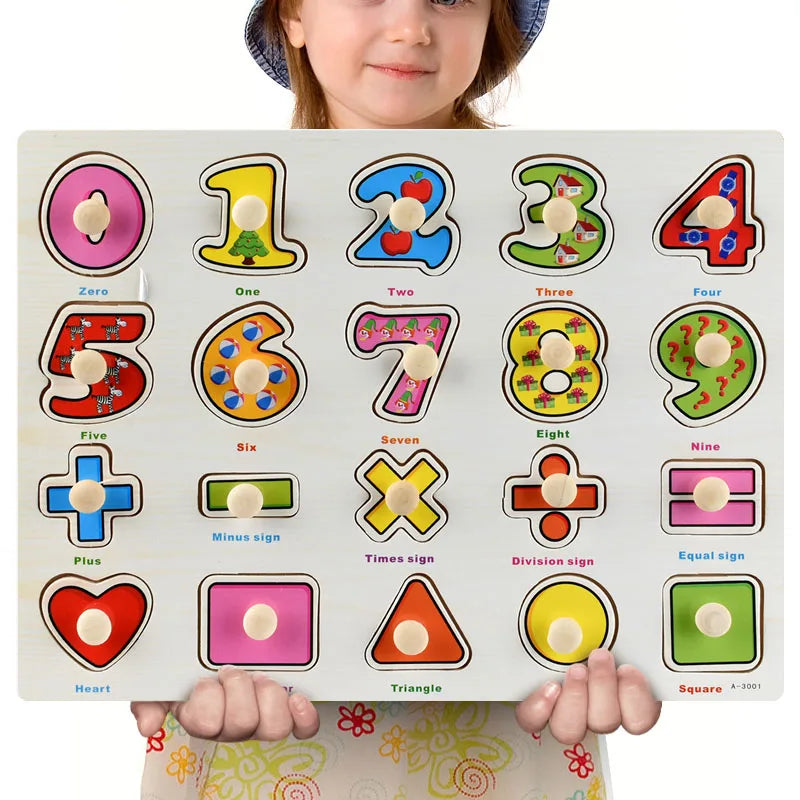 Child holding a colorful wooden Montessori number, shape, and math symbol puzzle board.