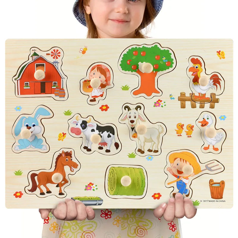 Child holding a wooden Montessori farm puzzle with colorful animal and barn shapes.
