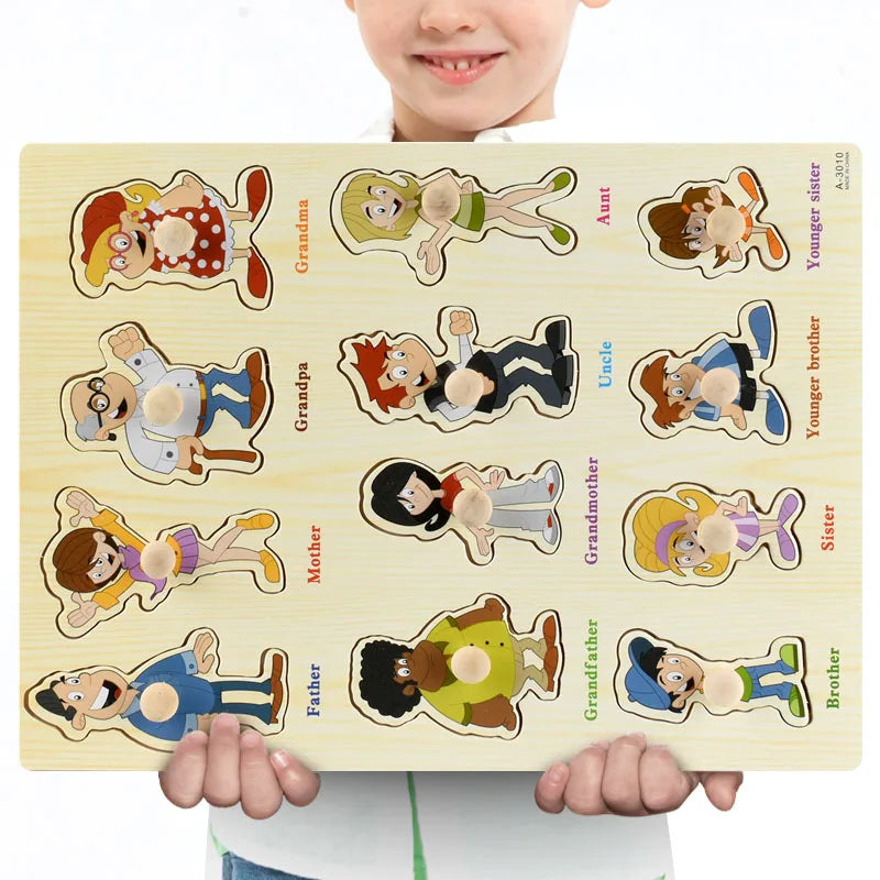 Wooden Montessori family puzzle with colorful cartoon characters.