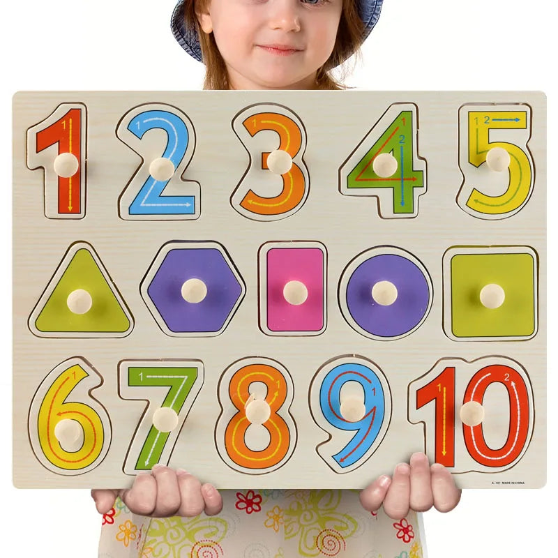 Wooden Montessori number and shape puzzle board held by a child.