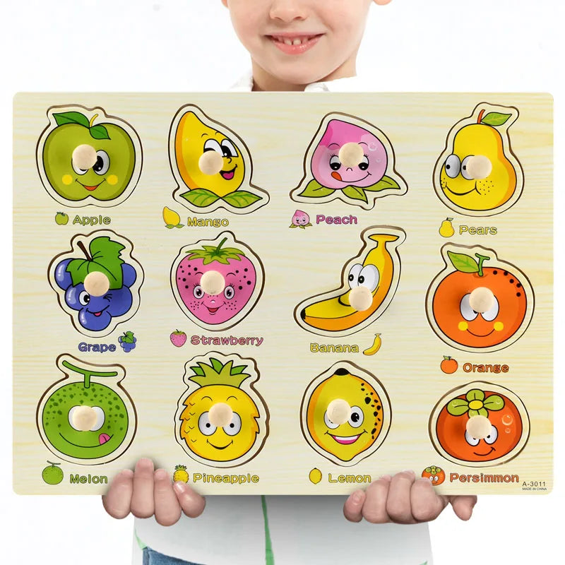 Child holding a wooden Montessori puzzle with colorful fruit shapes and knobs.