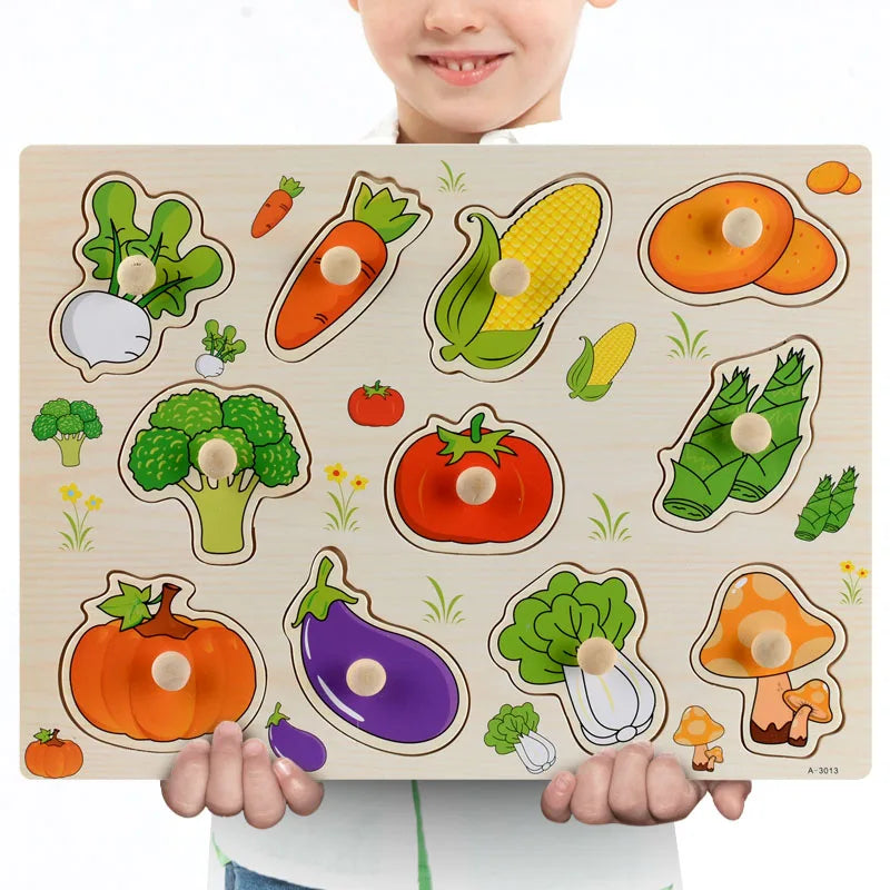 Wooden Montessori puzzle with colorful vegetable and fruit shapes, held by a child.