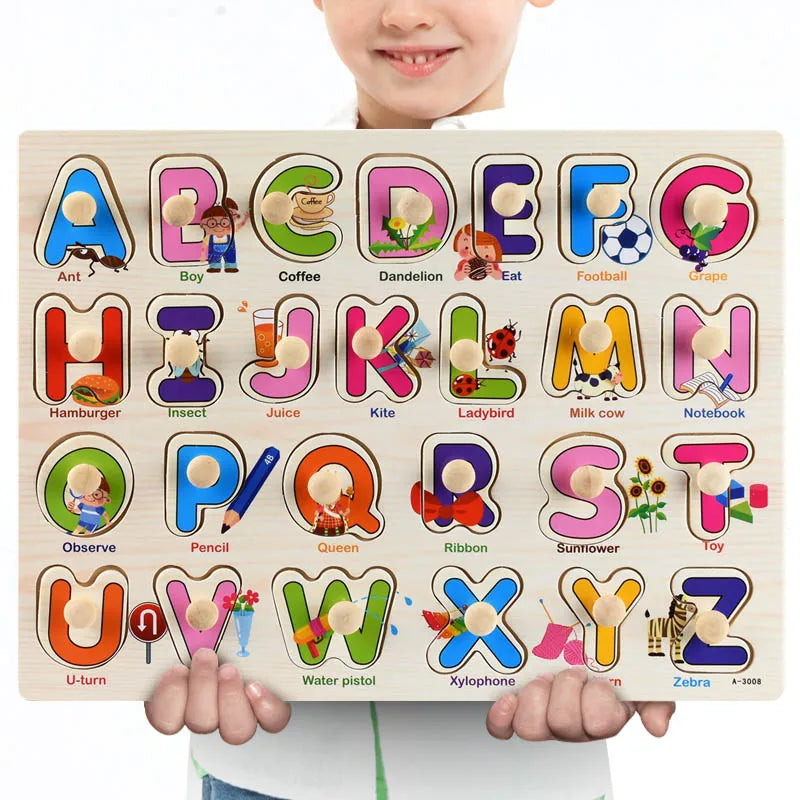 Wooden Montessori alphabet puzzle board with colorful letters and matching illustrations.