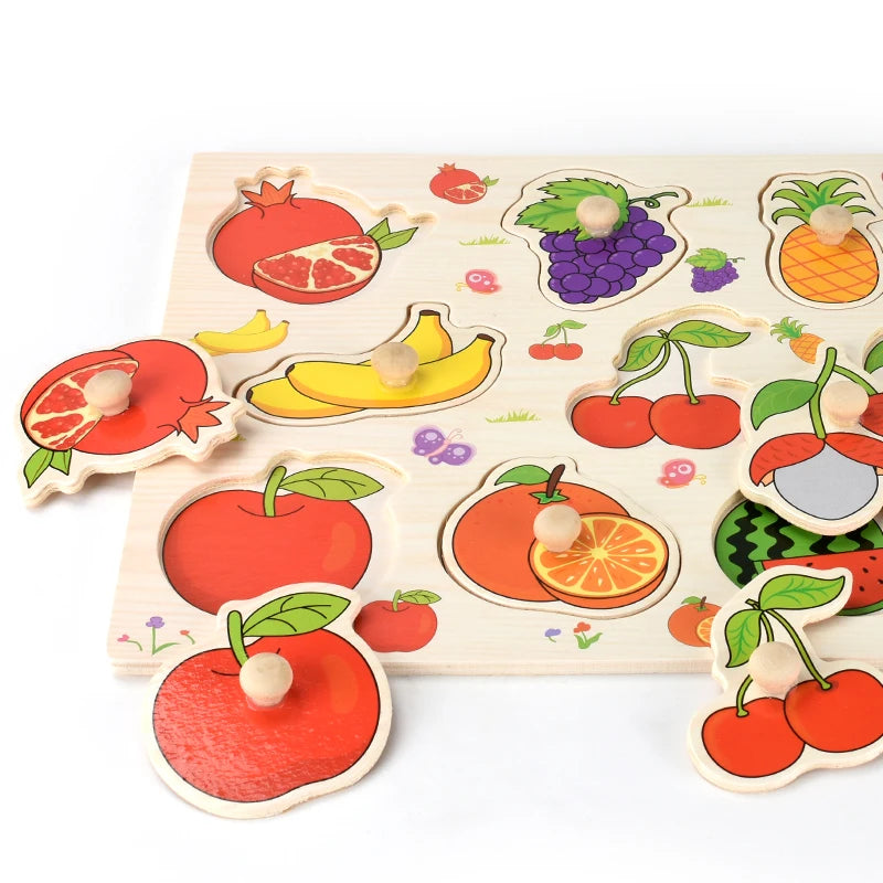 Wooden Montessori puzzle with colorful fruit shapes and knobs for toddlers.