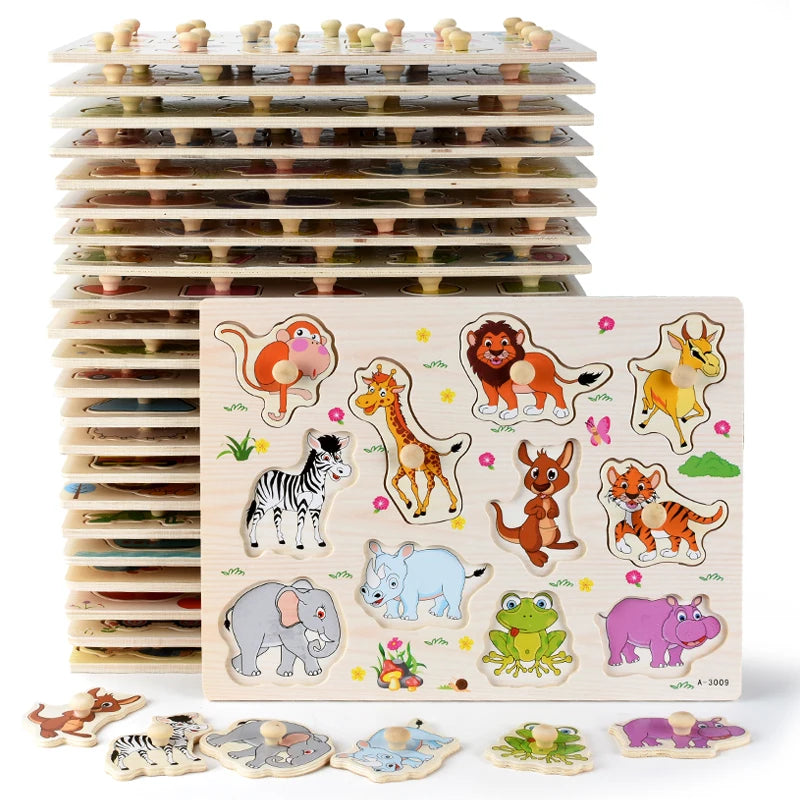 Wooden Montessori animal puzzle set with multiple boards and colorful animal pieces.