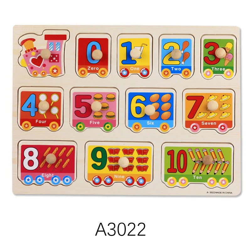 Wooden Montessori number puzzle with colorful train cars, numbers 0-10, and counting pegs.