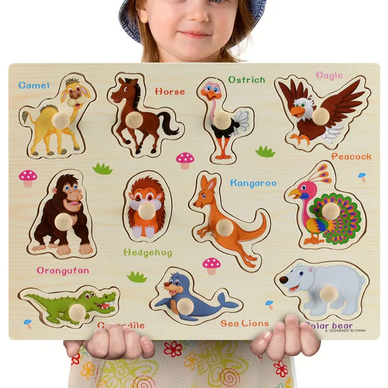 Wooden Montessori animal puzzle board with colorful animal shapes and knobs, held by a child.