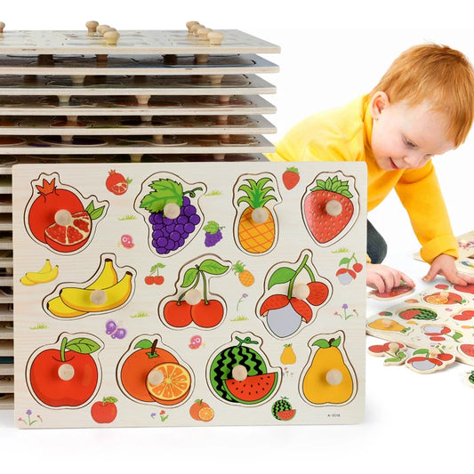 Wooden Montessori puzzle with colorful fruit shapes and knobs, a child playing in the background.