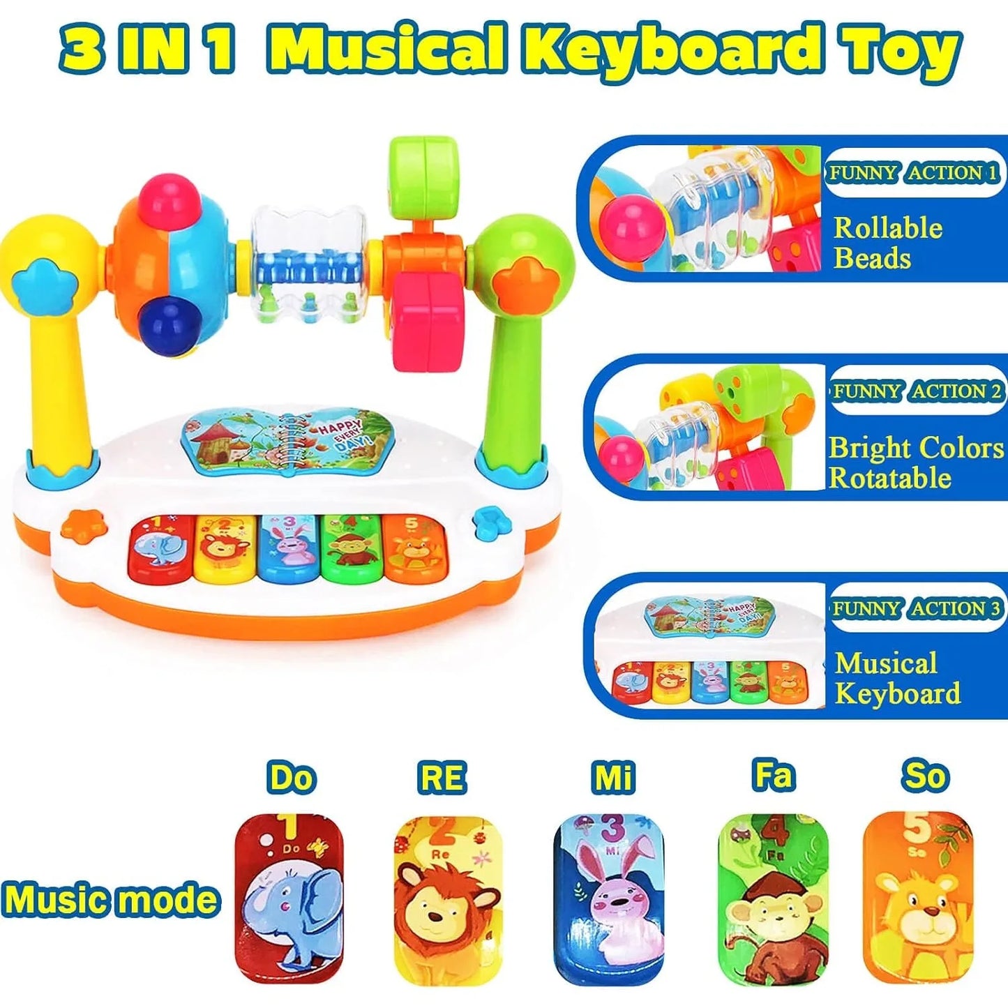 Colorful 3-in-1 musical keyboard toy for babies with rollable beads, rotatable parts, and animal-themed keys.