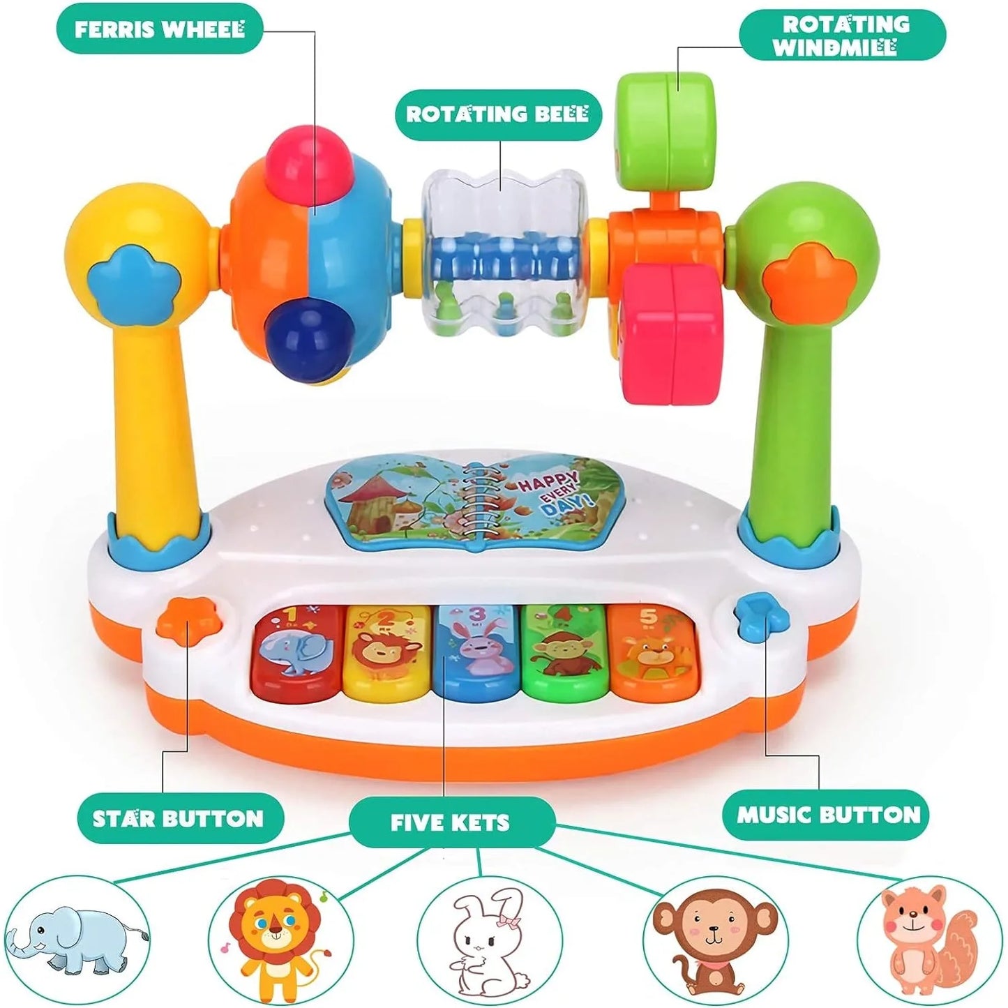 Colorful baby musical piano with five animal keys, rotating windmill, bell, and Ferris wheel.