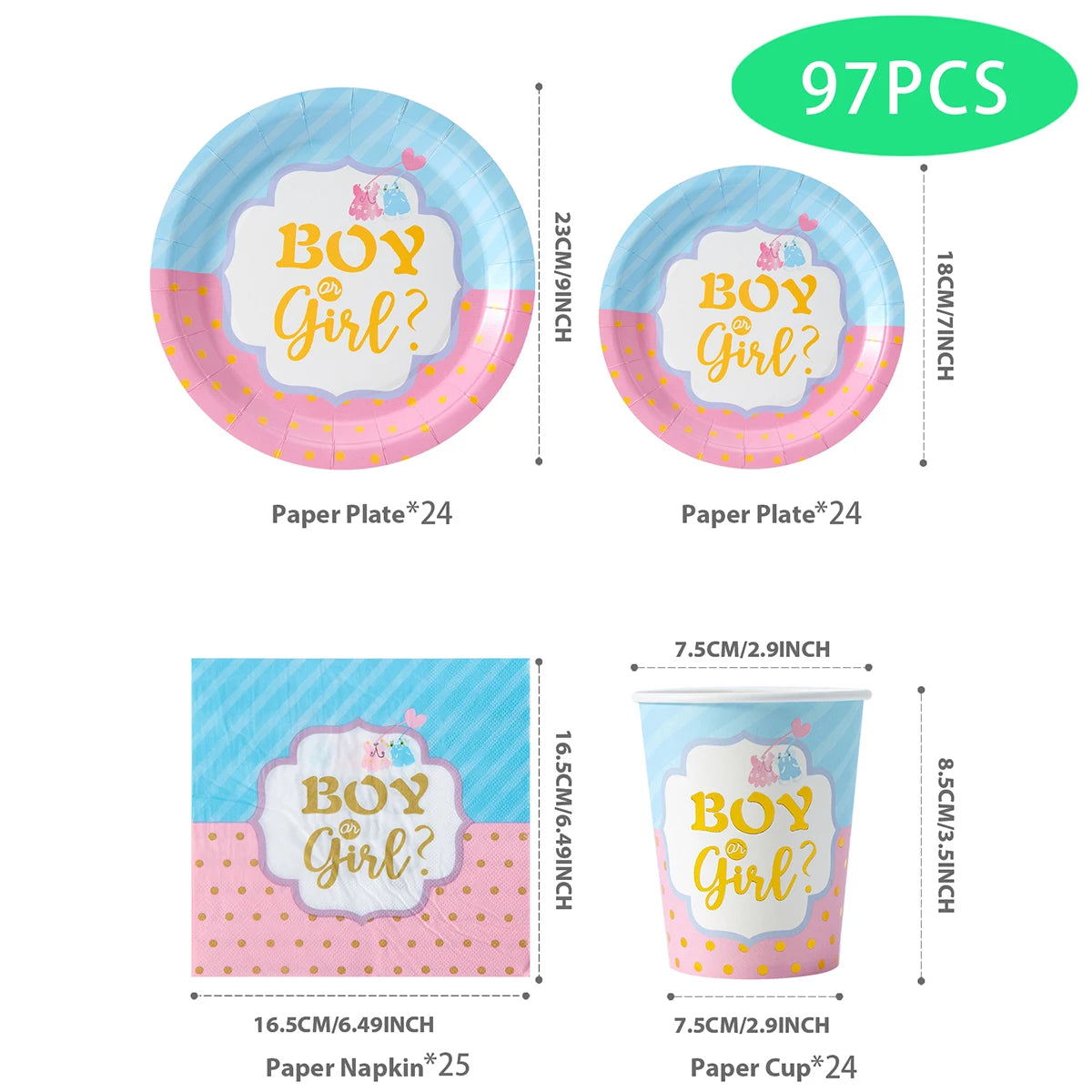 97-piece pink and blue "Boy or Girl?" gender reveal party disposable paper plates, napkins, and cups.