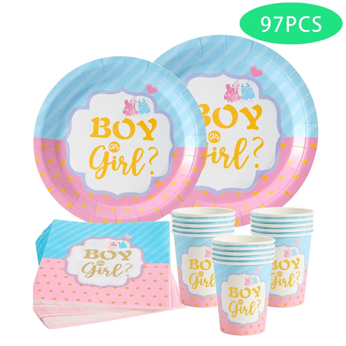 97-piece "Boy or Girl?" gender reveal party set with pink and blue paper plates, cups, and napkins.