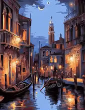 Acrylic paint by numbers kit featuring a night cityscape with gondolas on a canal and a bell tower.