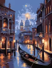 Acrylic paint by numbers kit featuring a romantic Venice night scene with gondola and illuminated buildings.