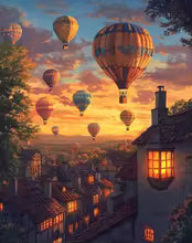 Acrylic paint by numbers kit featuring a vibrant sunset with hot air balloons over a charming European town.