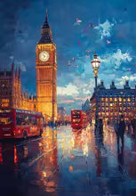 Acrylic paint by numbers kit featuring a vibrant, modern London cityscape at night with Big Ben.