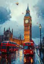 Acrylic paint by numbers kit featuring a vibrant London cityscape at night with Big Ben and red double-decker buses.