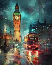 Acrylic paint by numbers kit featuring a vibrant, modern London cityscape at night with Big Ben and a red bus.