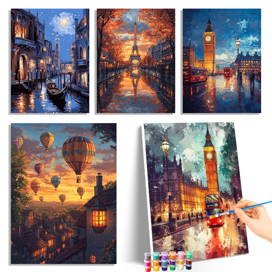 Acrylic paint by numbers kit featuring five vibrant cityscapes, including Venice, Paris, and London at night.