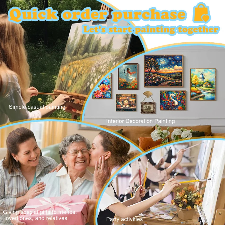 Collage of people painting and various framed artworks, including landscapes and abstract designs.