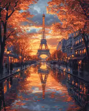 Acrylic paint by numbers kit featuring a vibrant Parisian night cityscape with the Eiffel Tower and autumn trees reflected in a wet street.