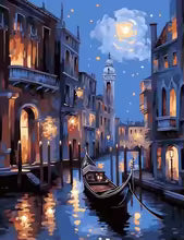 Acrylic paint by numbers kit featuring a romantic Venetian night canal scene with a gondola and moonlit sky.