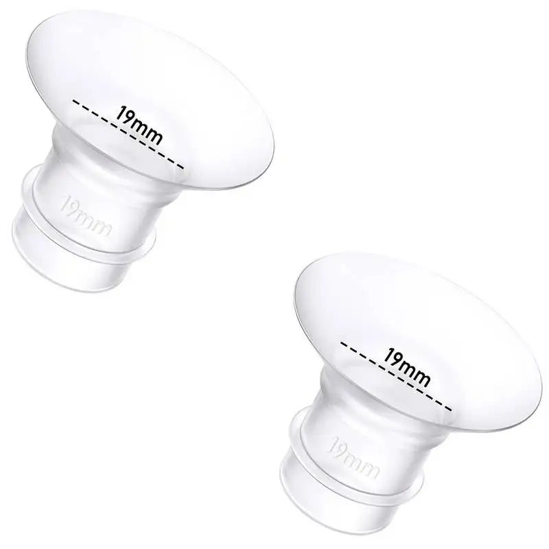 Two clear silicone flange inserts, 19mm, for breast pumps, designed for comfortable pumping.