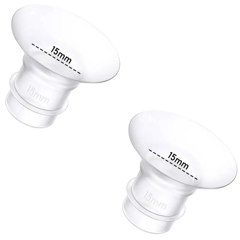 Two clear 15mm silicone flange inserts for breast pumps, designed for comfort and efficiency.