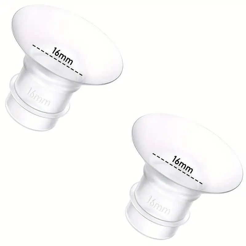 Two clear silicone flange inserts for breast pumps, 16mm, designed for comfortable pumping.