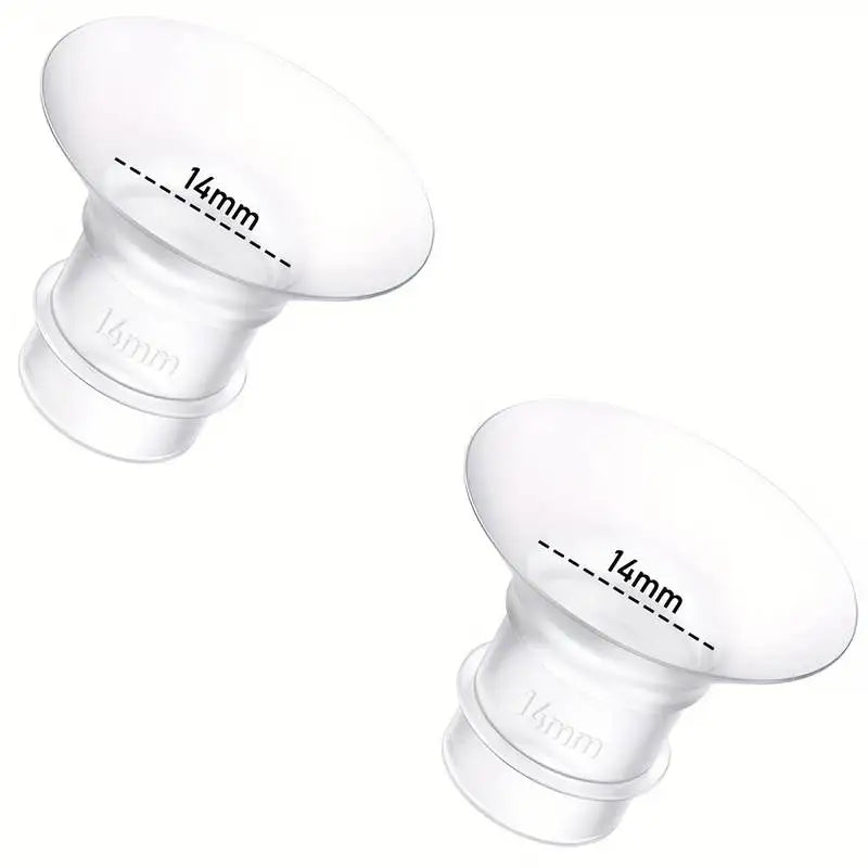 Two clear silicone flange inserts, 14mm, for breast pumps, shown against a white background.