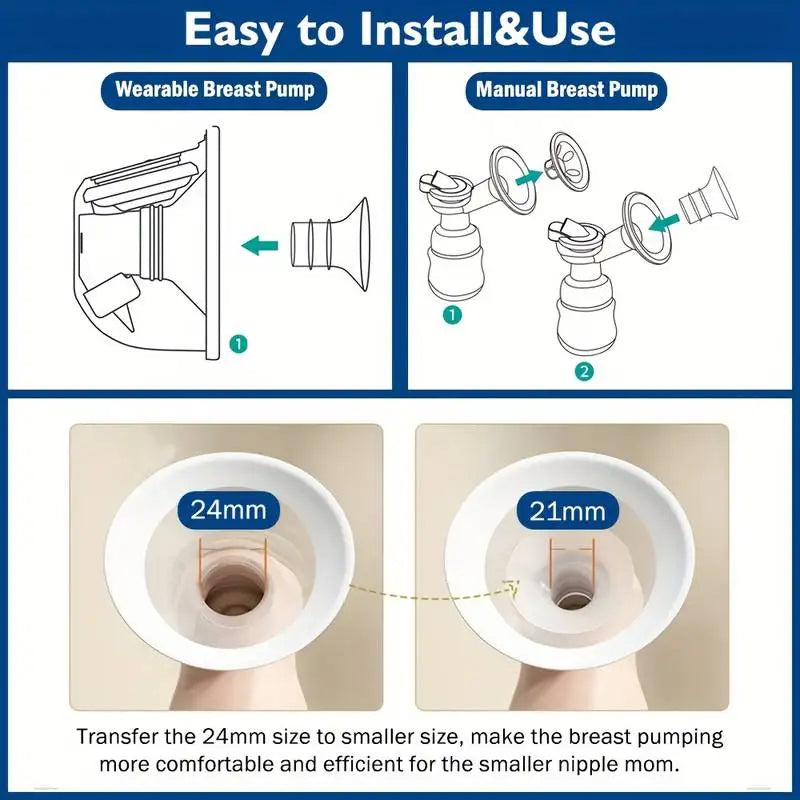 White silicone flange inserts for breast pumps, showing 24mm and 21mm sizes, with installation diagrams.