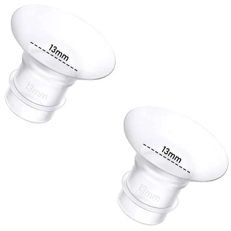 Two clear silicone breast pump flange inserts, 13mm, designed for comfortable pumping.