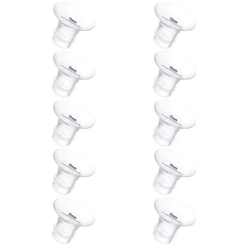10 white silicone flange inserts for breast pumps, ranging from 13mm to 21mm, shown on a white background.