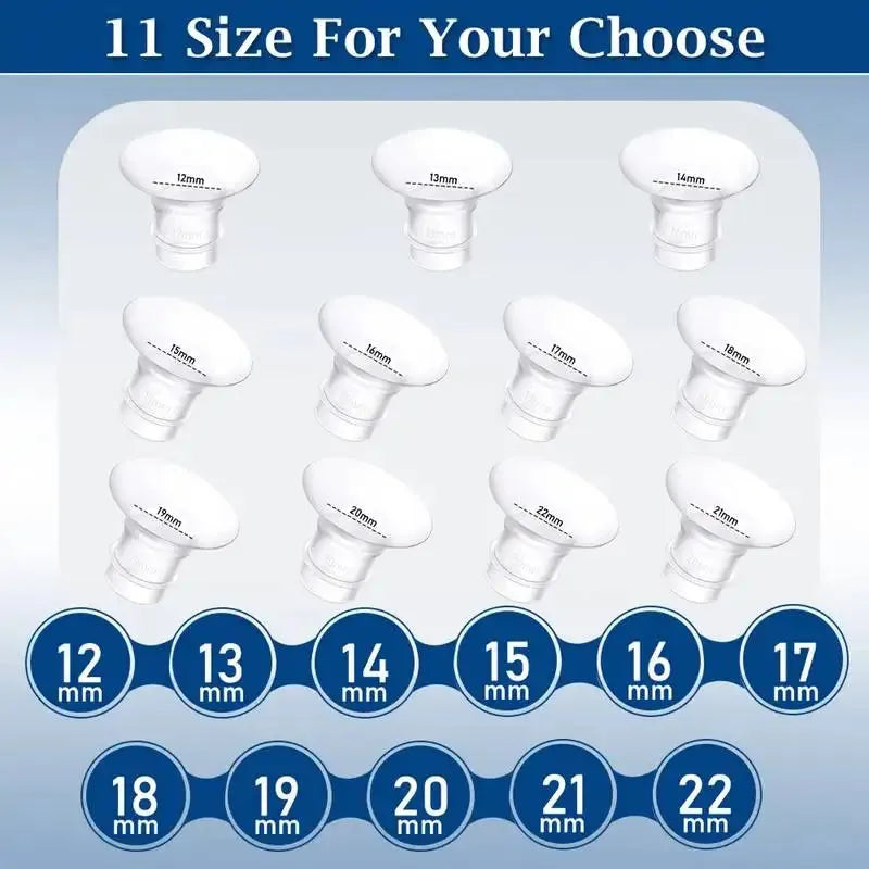 White silicone breast pump flange inserts in various sizes from 12mm to 22mm.