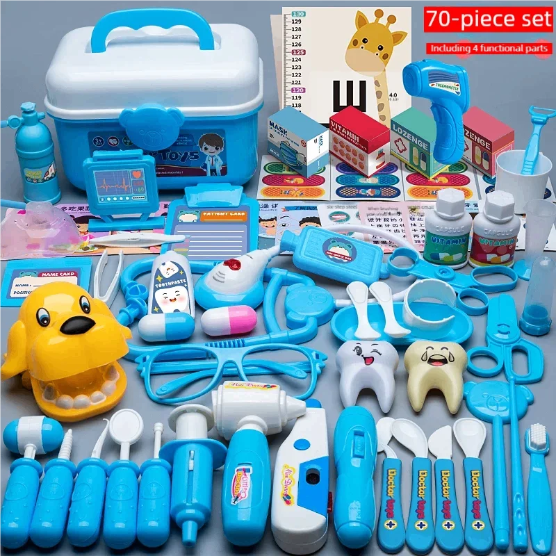 Blue and white 70-piece toy doctor set with a storage box, medical tools, and dental models.