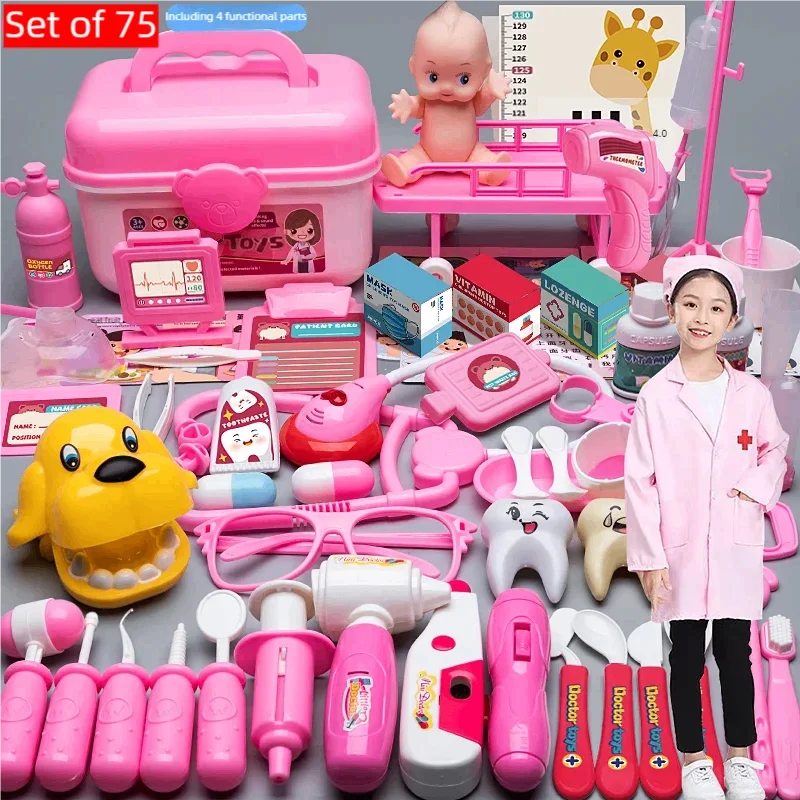 Pink toy doctor kit with medical tools, a doll, a child's lab coat, and a storage box.