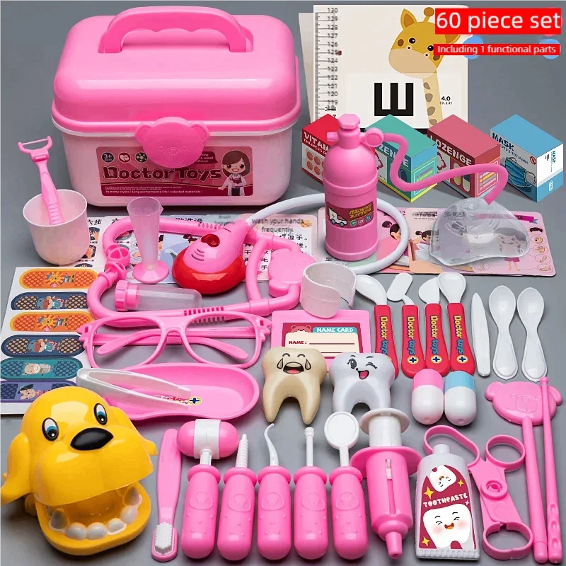 Pink 60-piece kids doctor toy set with carrying case, medical tools, teeth models, and accessories.