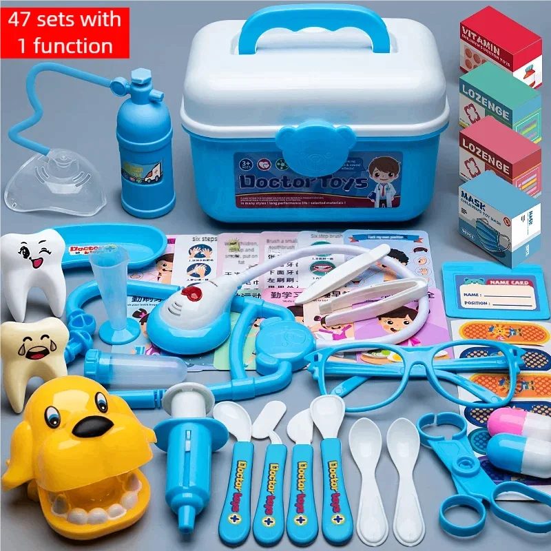 Blue plastic toy doctor kit with various medical tools, teeth models, and a storage case.