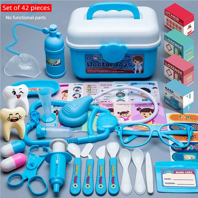 Blue toy doctor kit with a portable storage cart, medical tools, teeth models, and pretend medicine boxes.