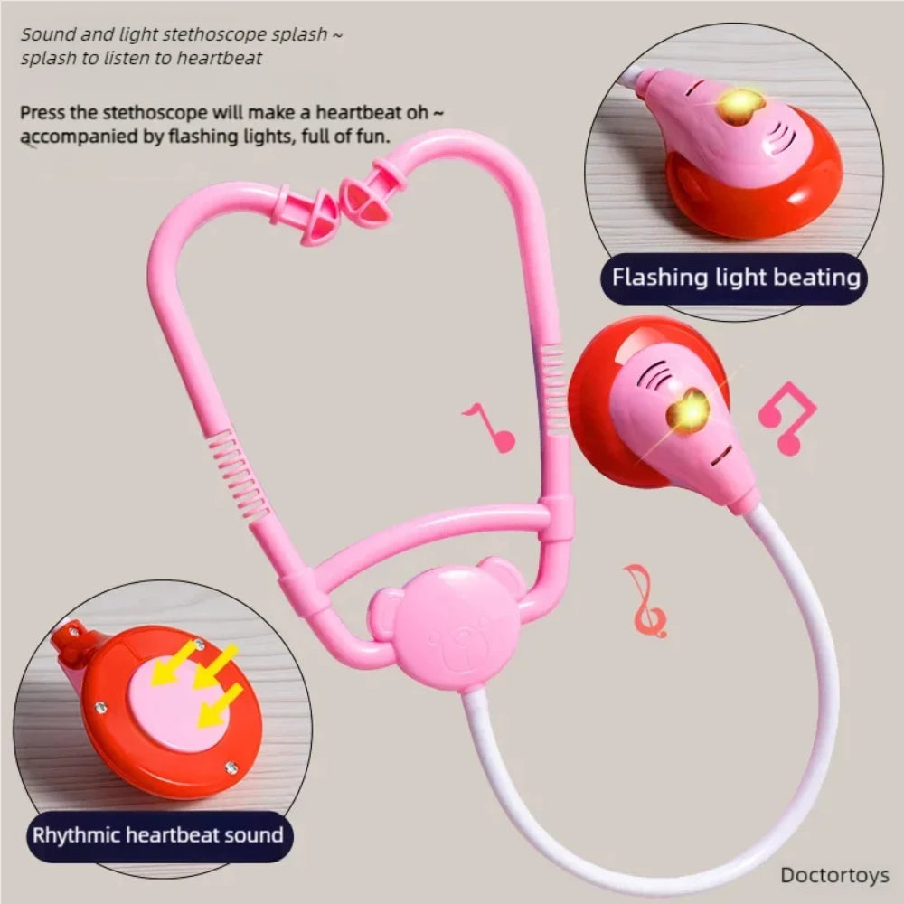 Pink toy stethoscope with sound and light effects, featuring a red chest piece and white tubing.