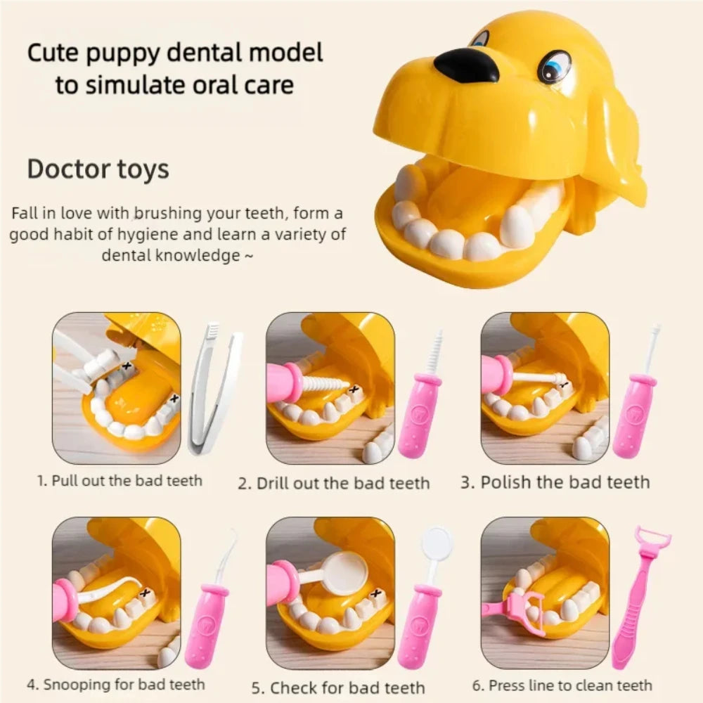 Yellow puppy dental model toy with white teeth and pink dental tools.