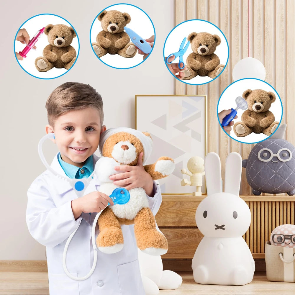 Young boy in white doctor's coat examining a teddy bear with a blue stethoscope. Insets show toy medical tools.
