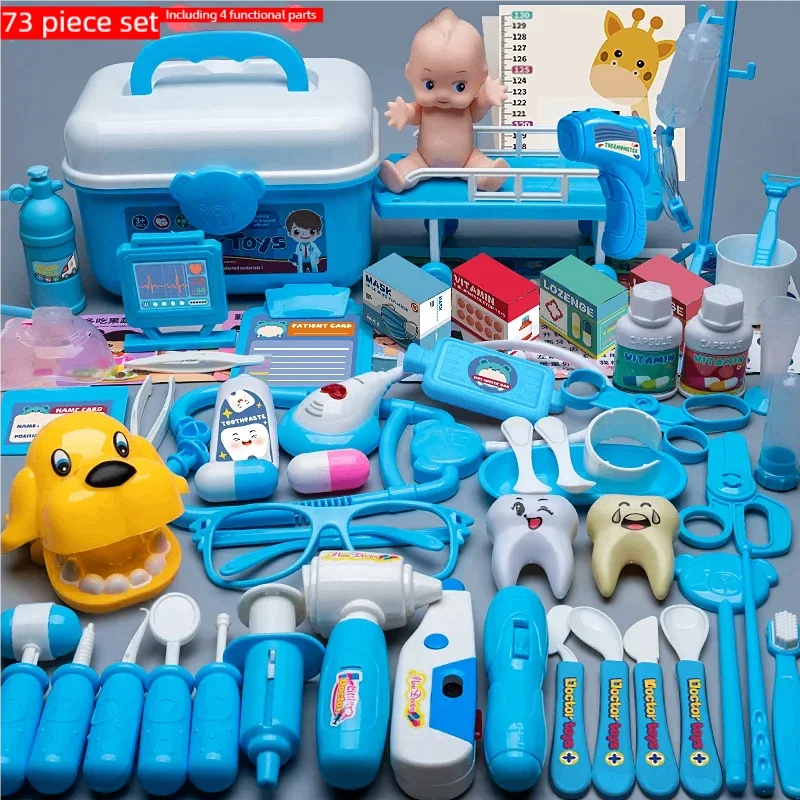 Blue and white 73-piece toy doctor kit with medical tools, baby doll, dental models, and storage box.