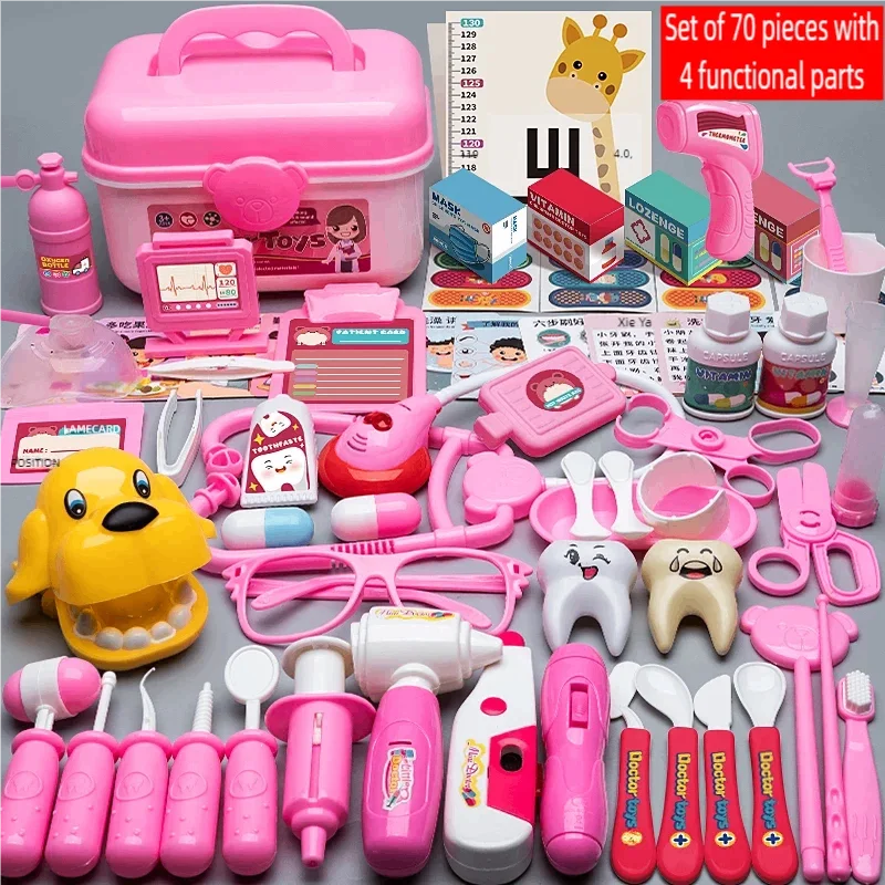 Pink toy doctor kit with a carrying case, medical tools, dental models, and accessories.