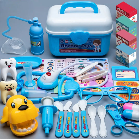Blue and white toy doctor kit with storage cart, medical tools, teeth models, and accessories.