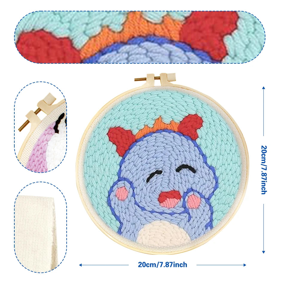 Punch needle embroidery kit with a cute blue animal design on a 20cm wooden hoop.