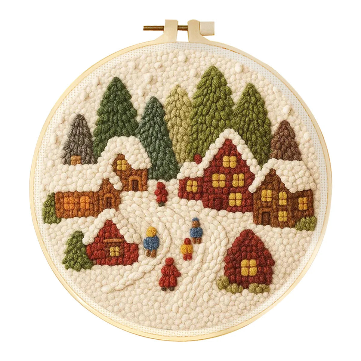 Punch needle winter landscape kit with snowy houses, trees, and figures in a wooden hoop.
