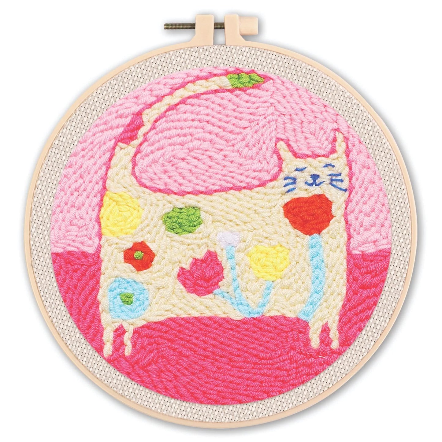 Punch needle embroidery kit with a cute, colorful cat design in a wooden hoop.